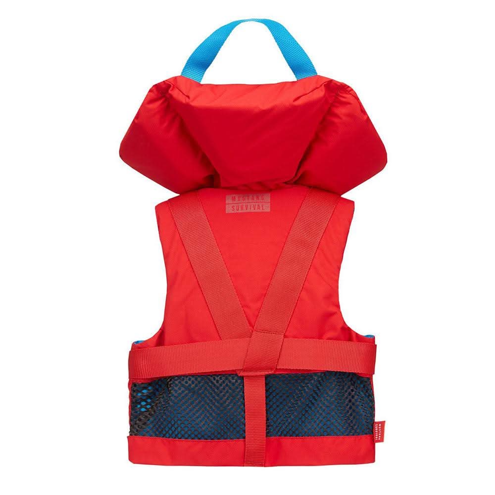 Mustang Lil' Legends youth foam life jacket in imperial red with front zipper, buckle closure, and breathable mesh back