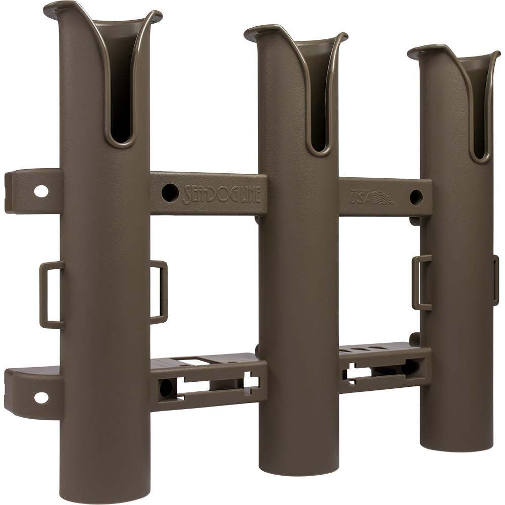 Sea-Dog Triple Threat Three Pole Rod Holder in flat dark earth color, side-mount fishing rod holder with built-in knife and plier storage.
