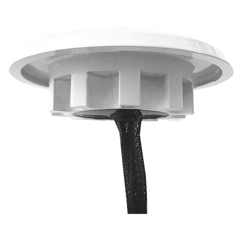 Shadow-Caster Downlight with white housing and bimini blue LED, waterproof marine LED light with 3-inch diameter and 120-degree beam angle.