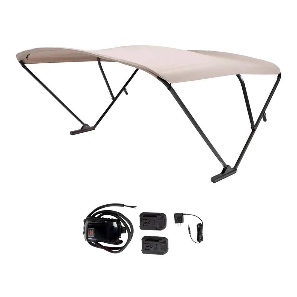 SureShade Battery Powered Bimini with black anodized frame and beige fabric canopy for pontoon boats, includes battery kit and mounting hardware.