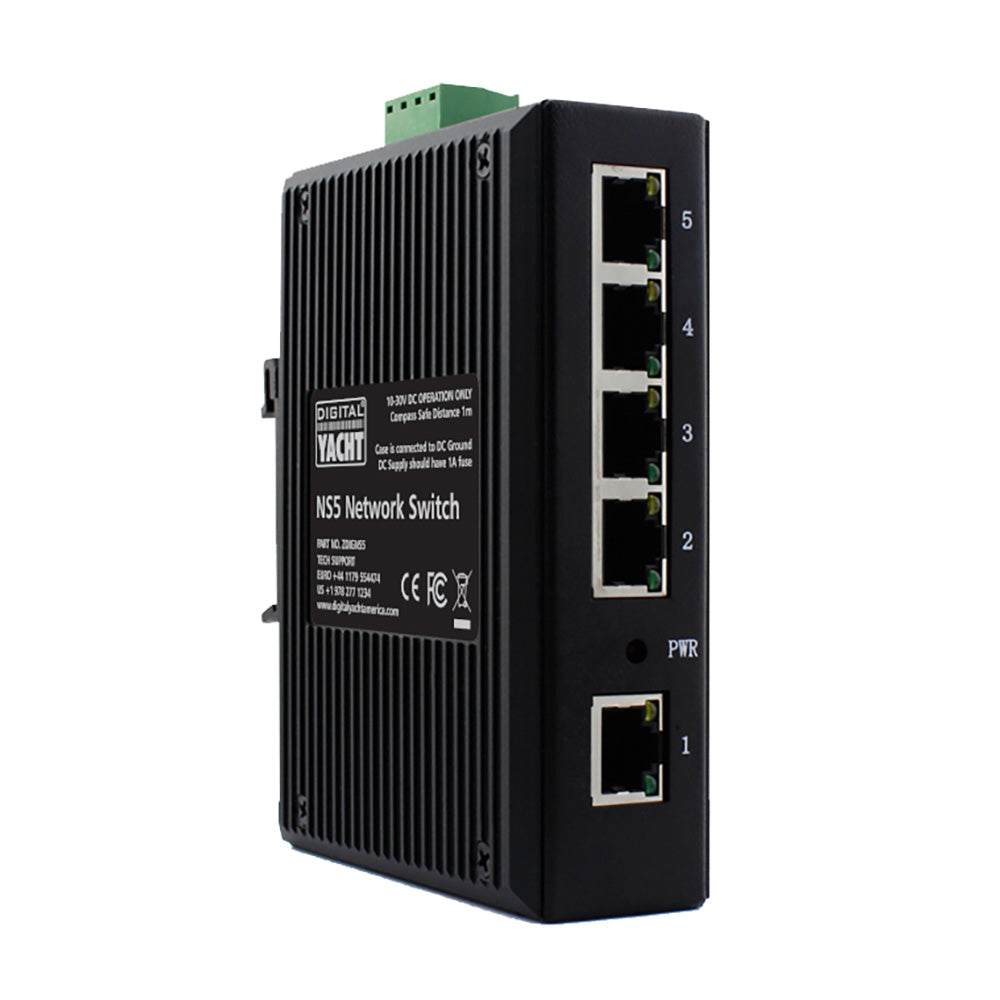 Digital Yacht NS5 5 port marine network switch with RJ45 Ethernet ports and DIN rail mount for boat network expansion