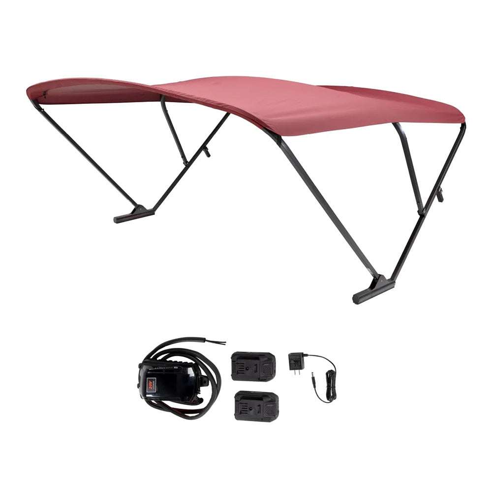 SureShade battery powered bimini with black anodized frame and burgundy fabric canopy for pontoon boats, includes batteries and mounting hardware