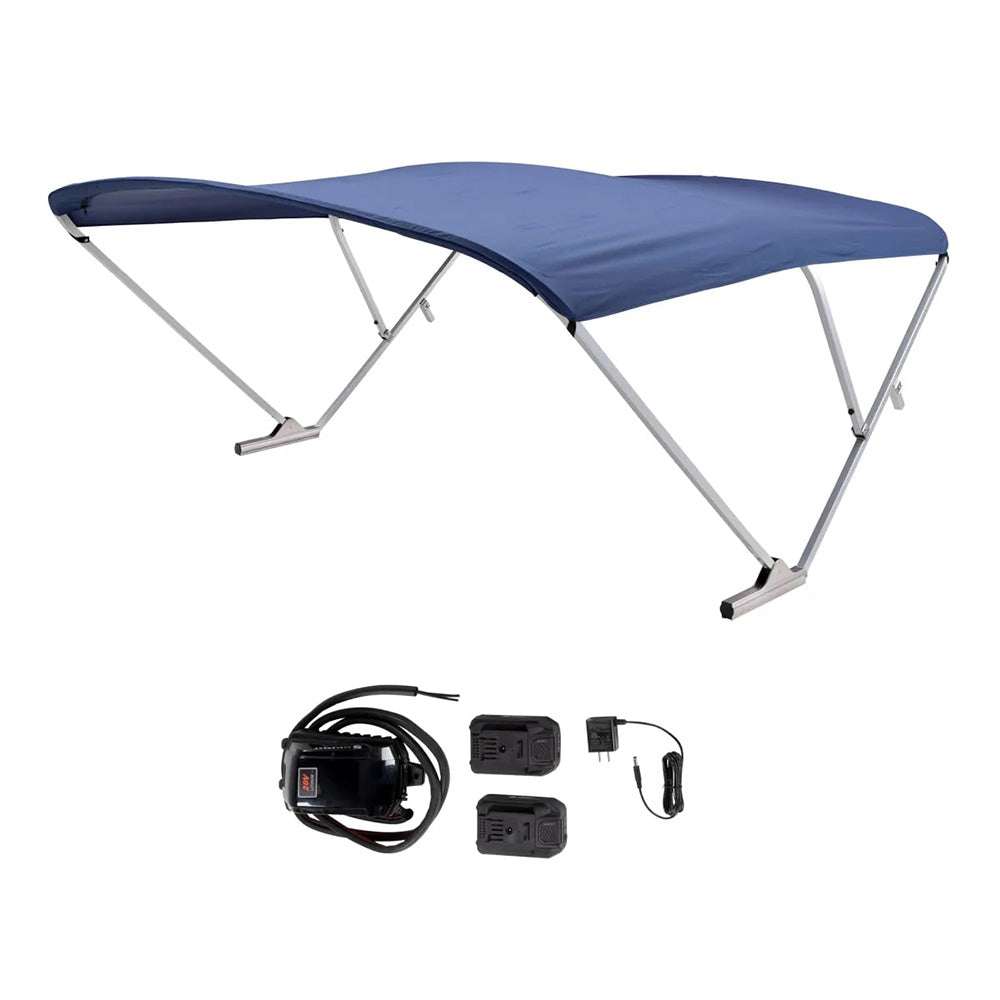 Battery Powered Bimini with clear anodized frame and navy fabric shade for pontoon boats with battery and charger kit