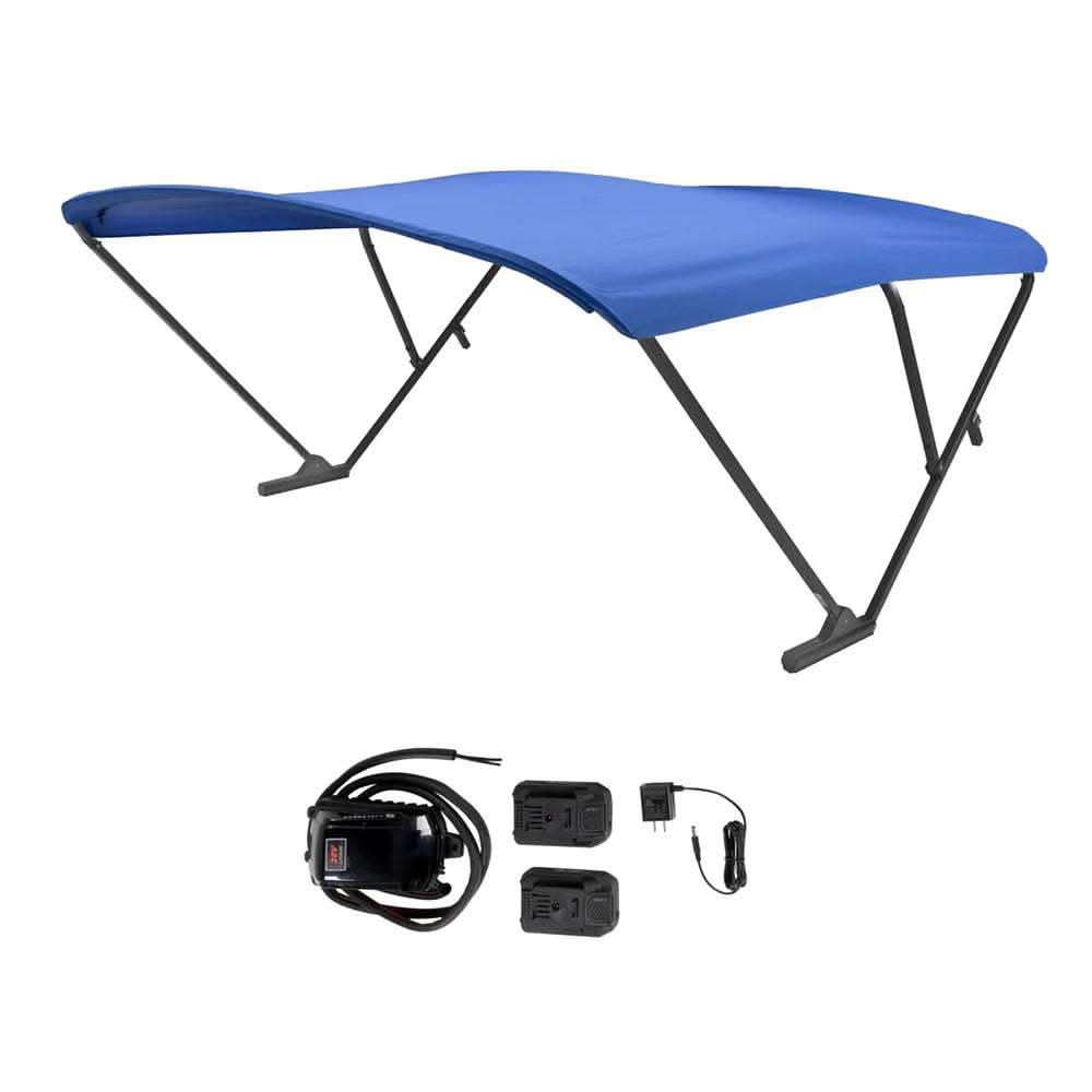 SureShade battery powered bimini with black anodized frame and pacific blue fabric, including batteries and mounting hardware for pontoon boats