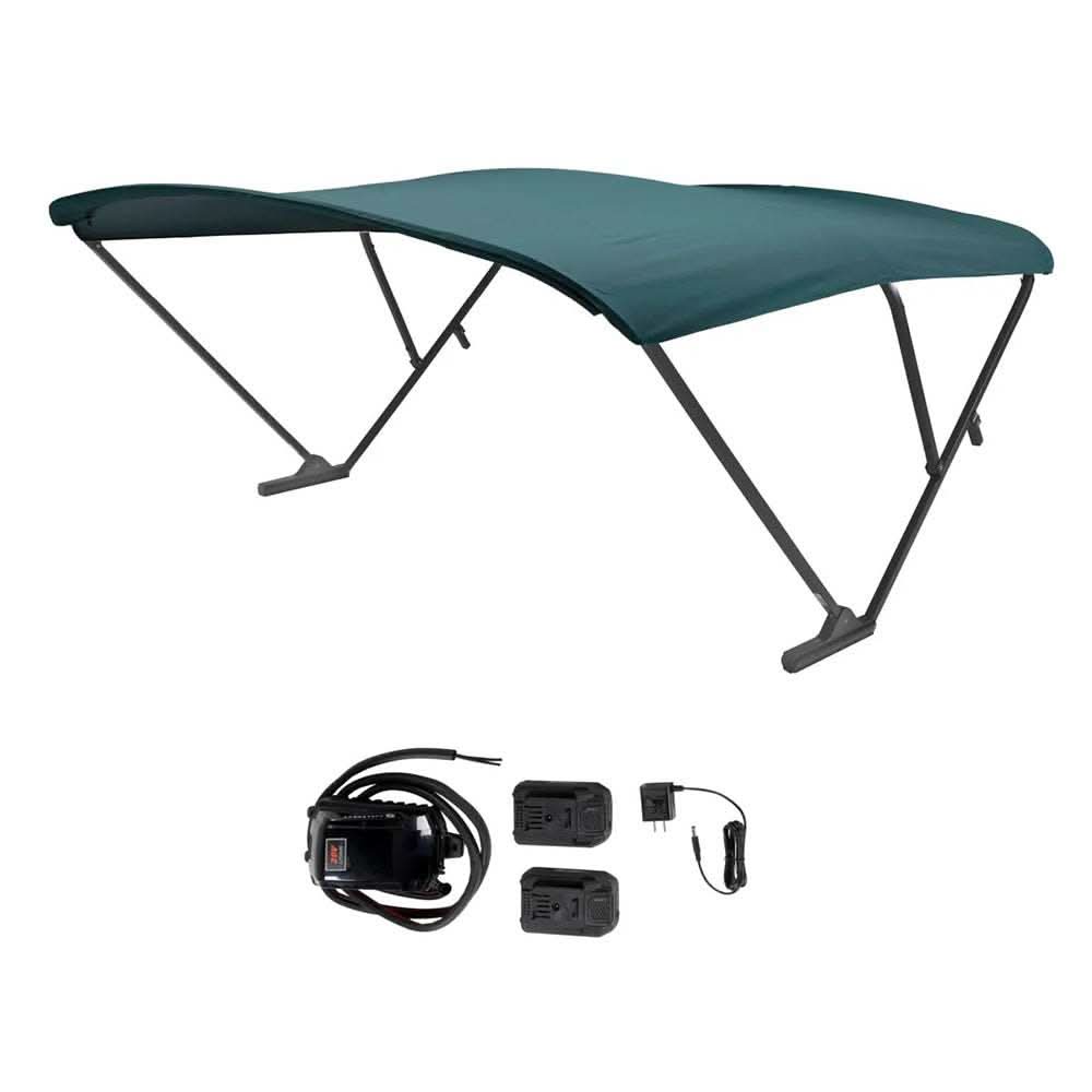 SureShade Battery Powered Bimini with black anodized frame and green fabric canopy, battery kit and mounting hardware for pontoon boats.