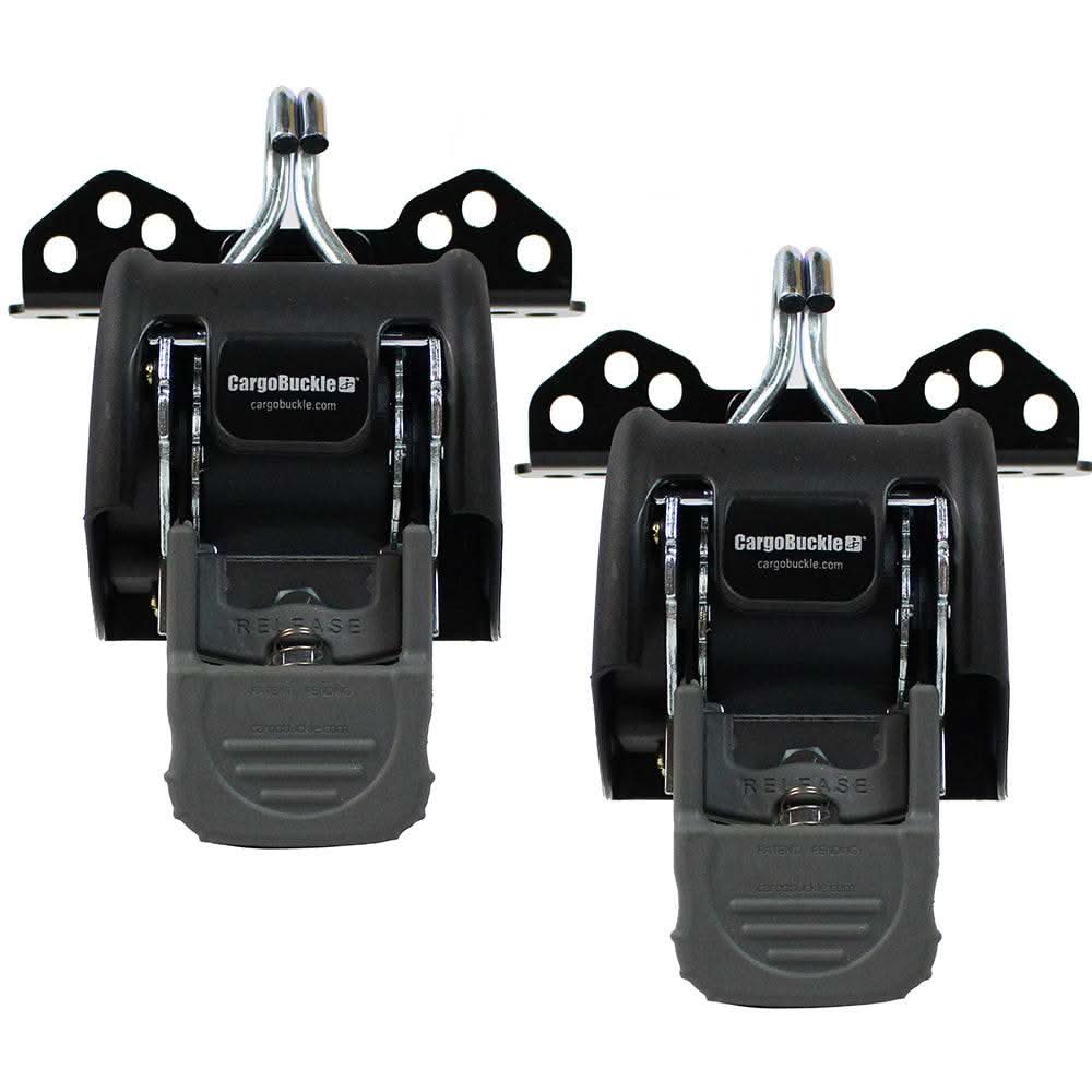 CargoBuckle Universal Ladder Rack Tie-Down System pair with 2-inch retractable straps and universal mount brackets for securing loads on truck ladder racks.