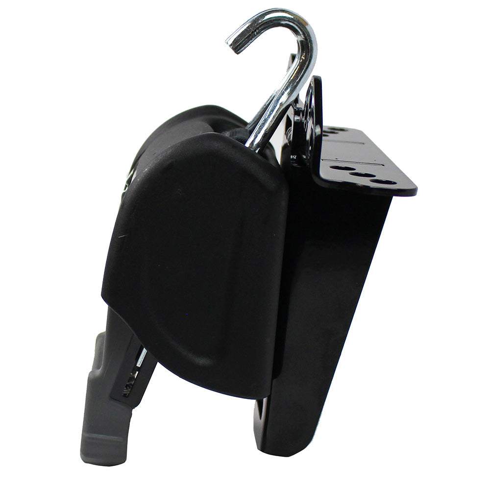 CargoBuckle Universal Ladder Rack Tie-Down System with 2" retractable strap and metal hook for secure mounting on truck racks