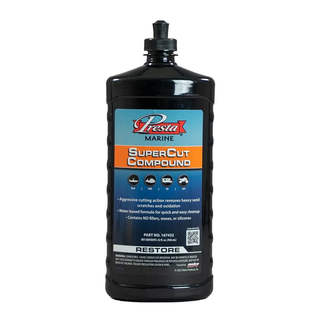 Presta Super Cut Compound 32 fl oz bottle for removing sand scratches and oxidation on gel coats and fiberglass surfaces