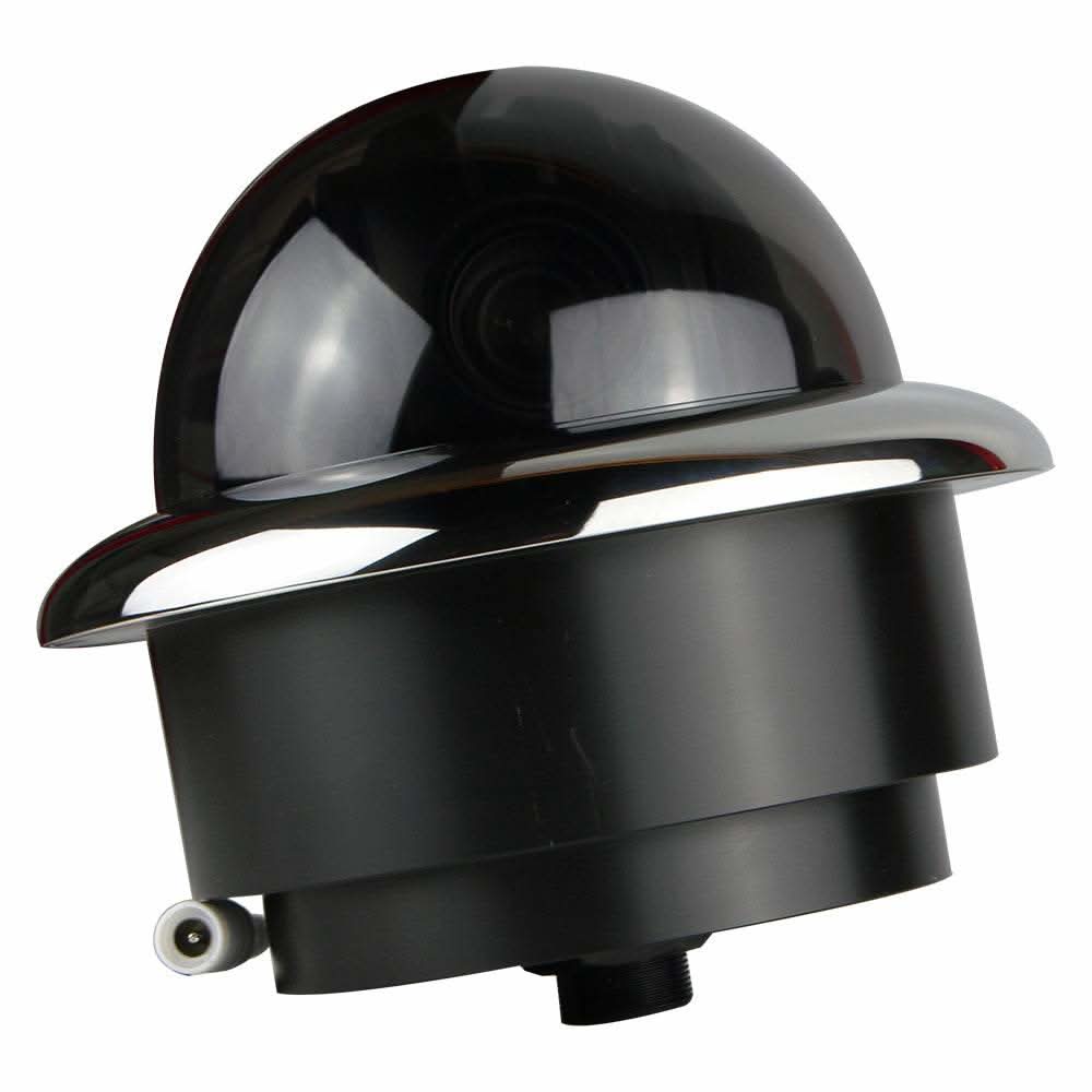 Miniature marine PTZ dome camera with stainless steel bezel and high-definition Ethernet IP, 10x digital zoom, and 4-in-1 video format.