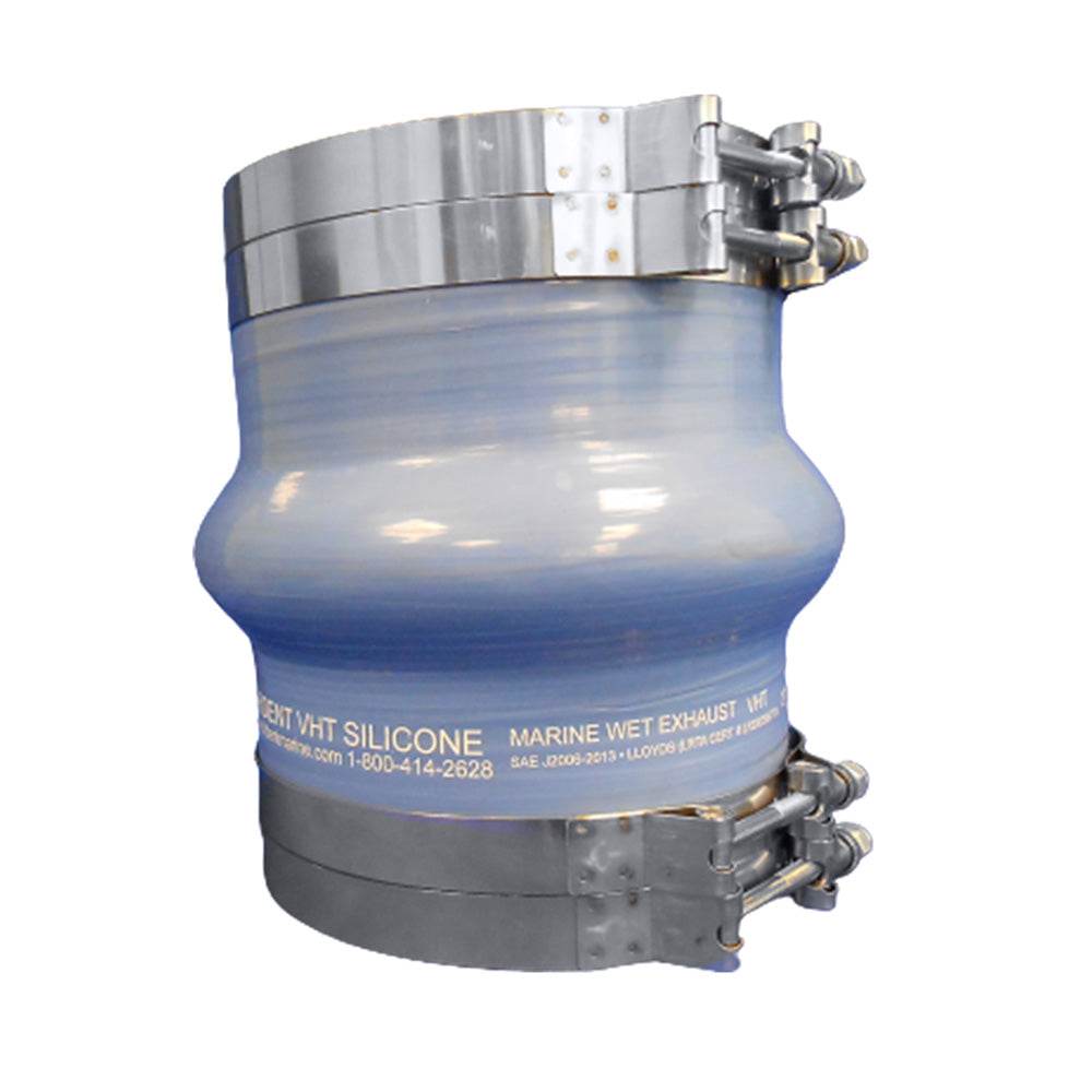 Trident marine blue silicone wet exhaust hump with 4 stainless steel T-bolt clamps, 8 inch ID x 8 inch length