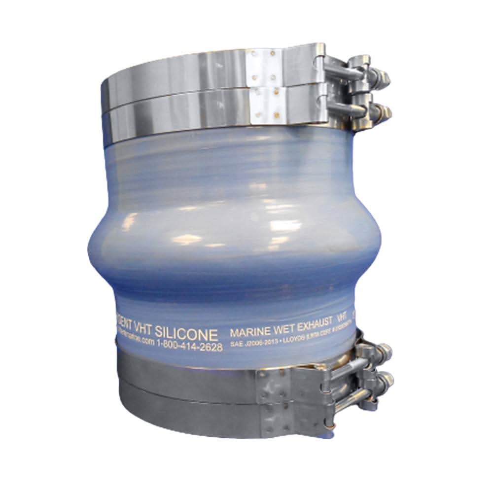 Trident marine blue silicone wet exhaust hump with 4 stainless steel T-bolt clamps, 8 inch ID x 8 inch length