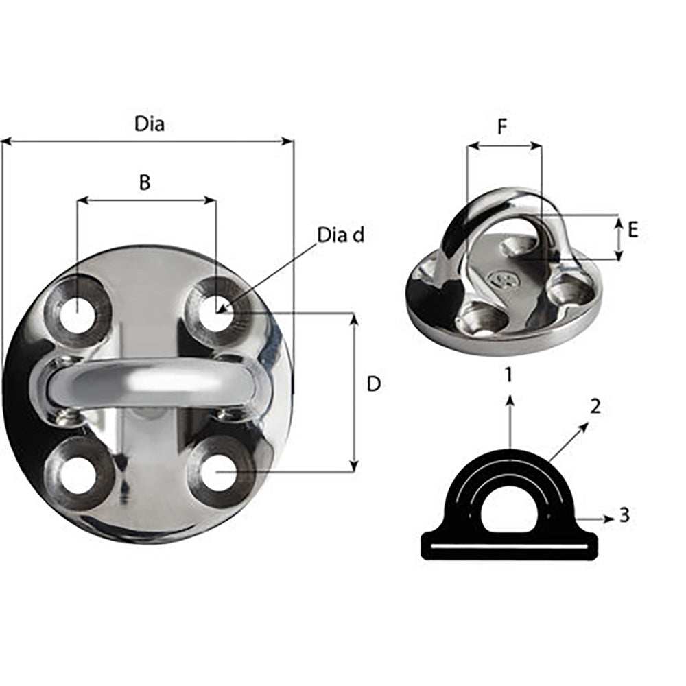 Wichard Round Pad Eye 57mm fixed stainless steel marine hardware with dimensions and load specifications diagram