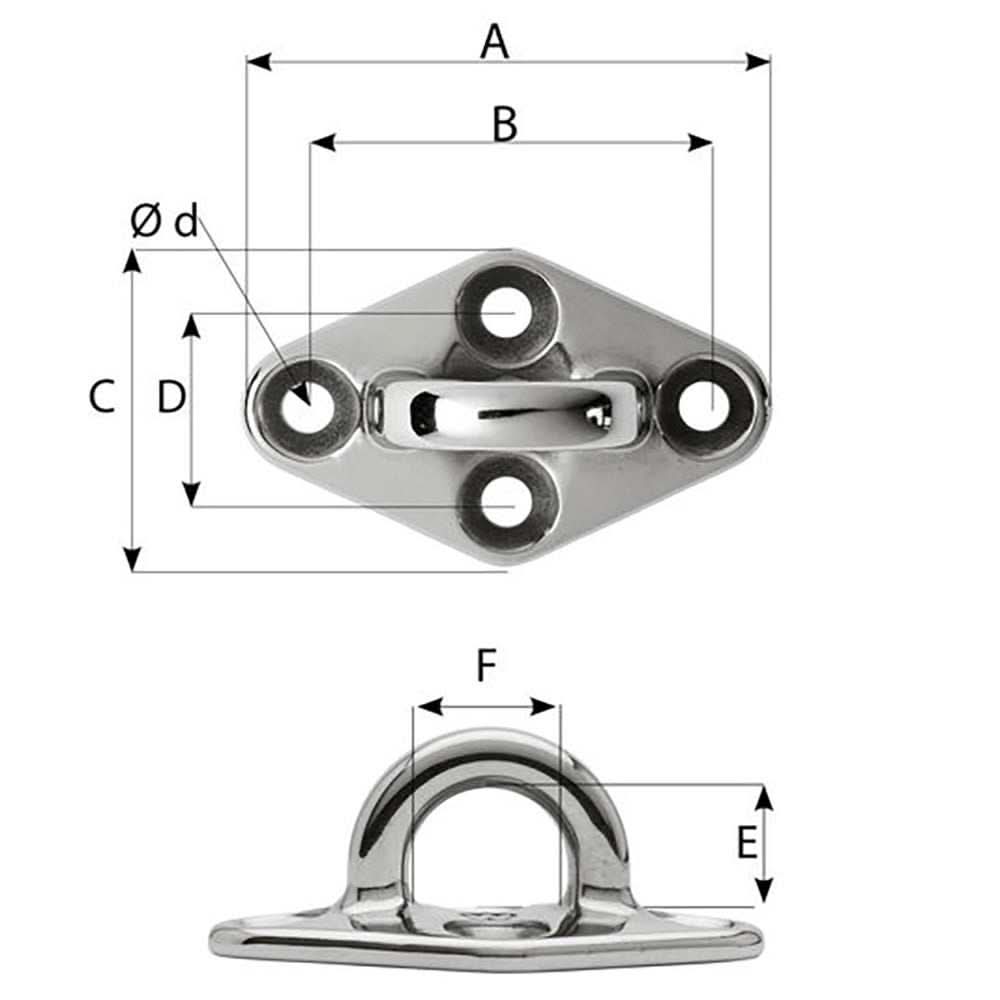 Wichard Diamond Pad Eye round 60mm stainless steel with M5 screw holes and dimensional measurements