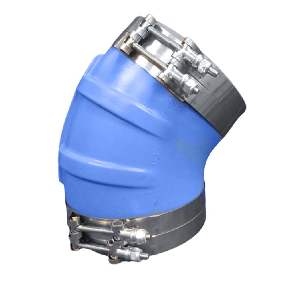 Trident Marine 8 inch blue silicone 45-degree wet exhaust elbow with 4 stainless steel T-bolt clamps