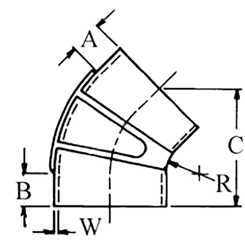 Trident Marine 8 inch ID 45-degree blue silicone molded wet exhaust elbow with 4 stainless steel T-bolt clamps and reinforcing ribs diagram