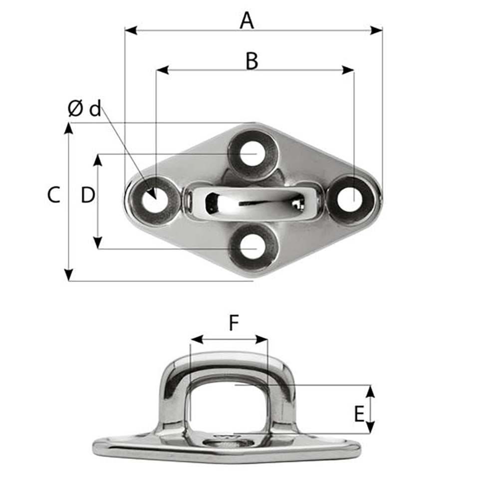 Wichard Diamond Pad Eye square 98mm stainless steel with M8 screw and detailed dimension diagram