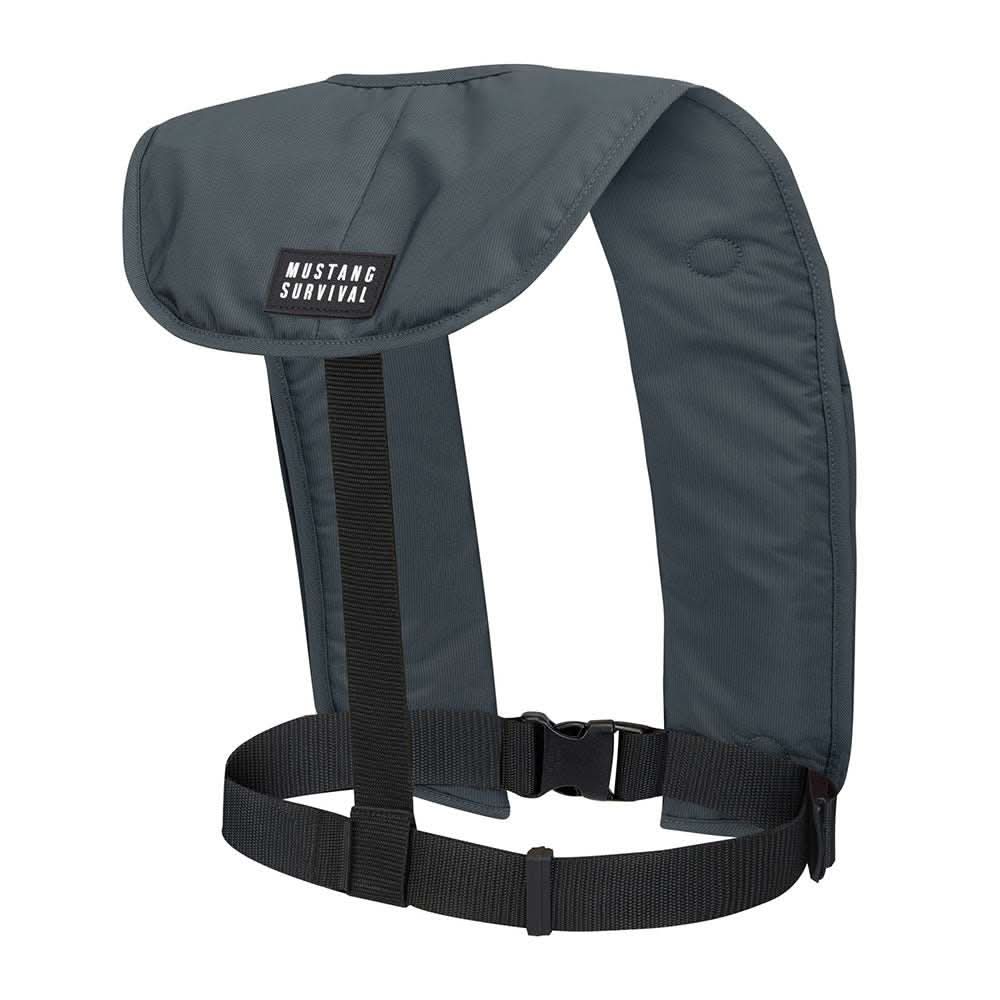 Mustang MIT 70 manual inflatable PFD in admiral grey with lightweight, flexible design and front buckle closure
