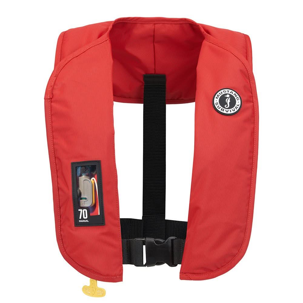 Mustang MIT 70 red manual inflatable personal flotation device with front buckle and inflator window