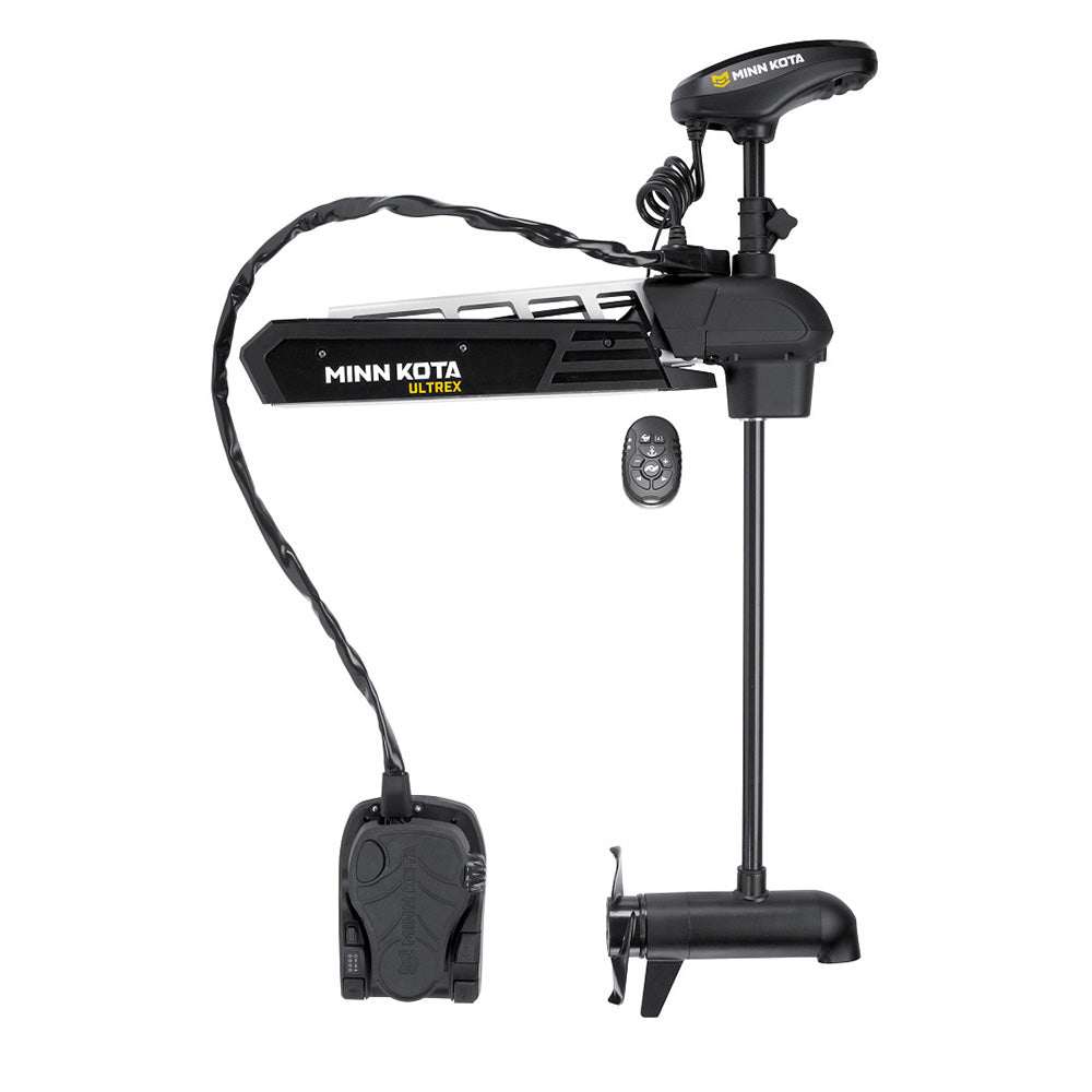 Minn Kota Ultrex 80 lb 24V trolling motor with Micro Remote and Dual Spectrum CHIRP sonar, 45 inch shaft, power steering, GPS Spot-Lock, and foot pedal control.