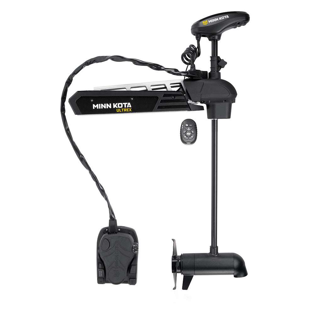 Minn Kota Ultrex 112 trolling motor with micro remote, 36V, 112LB thrust, 45-inch shaft, built-in dual spectrum CHIRP sonar, power steering, and Spot-Lock GPS system.