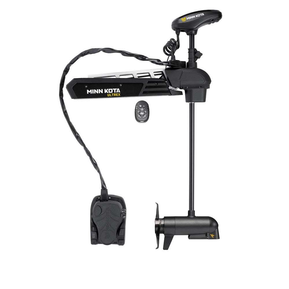 Minn Kota Ultrex 112 trolling motor with micro remote, 36V, 112LB thrust, 45" shaft, MEGA Down Imaging sonar, foot pedal control, and GPS Spot-Lock system.