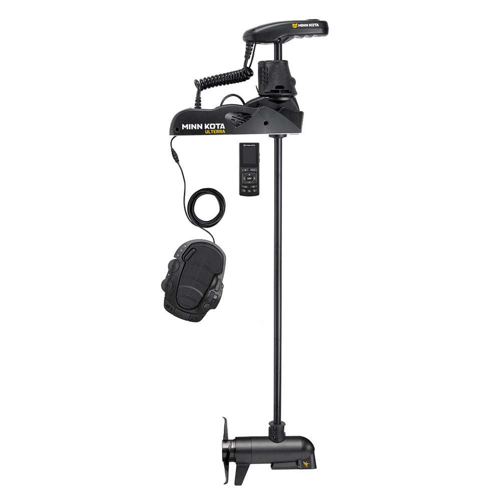 Minn Kota Ulterra 112 trolling motor with wireless remote, 36V, 112lb thrust, 60-inch shaft, MEGA Down Imaging technology, electric steer and power trim features.