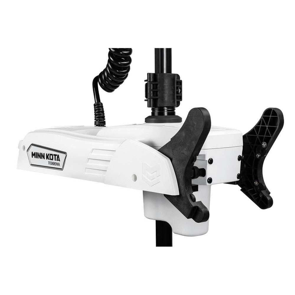 Minn Kota Riptide Terrova trolling motor with wireless remote and 72-inch shaft in white and black design