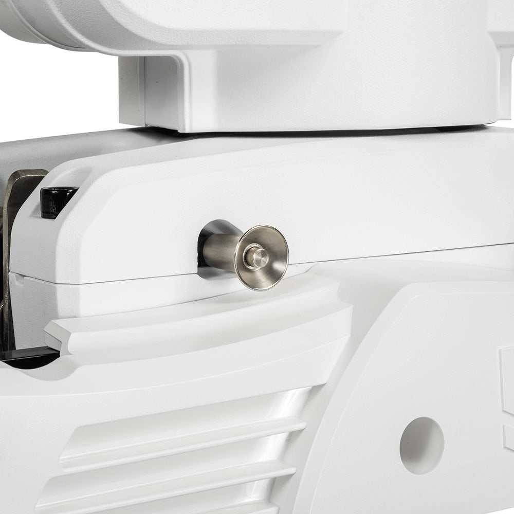 Close-up of Minn Kota Riptide Instinct QUEST 90/115 24/36V 60" trolling motor white electric-steer with wireless remote and advanced GPS features.