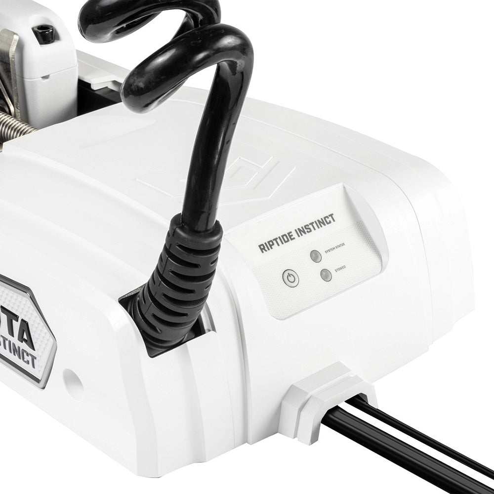 Minn Kota Riptide Instinct QUEST 90/115 trolling motor with wireless remote, 24/36V, 60-inch shaft, white electric-steer bow-mount motor.