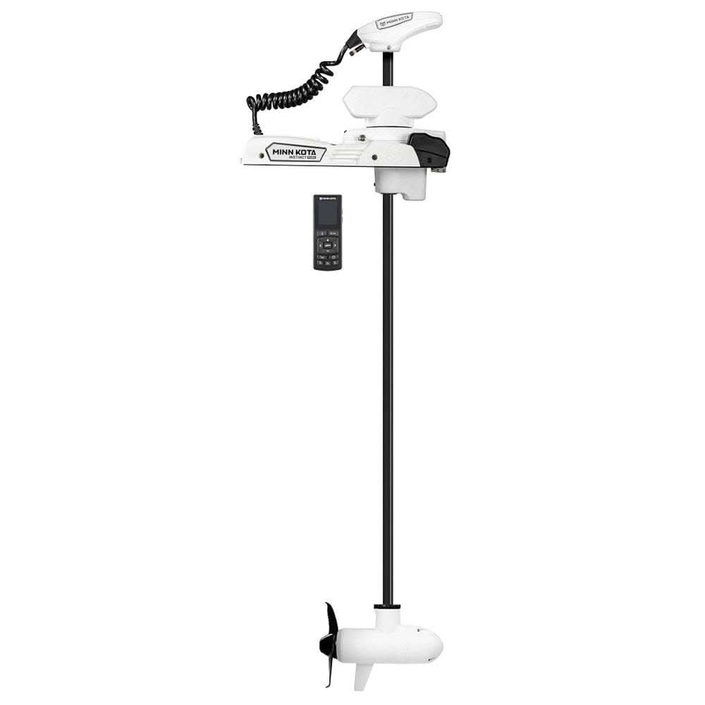 Minn Kota Riptide Instinct QUEST 90/115 Trolling Motor with wireless remote, 72-inch shaft, white, for saltwater boating and fishing.