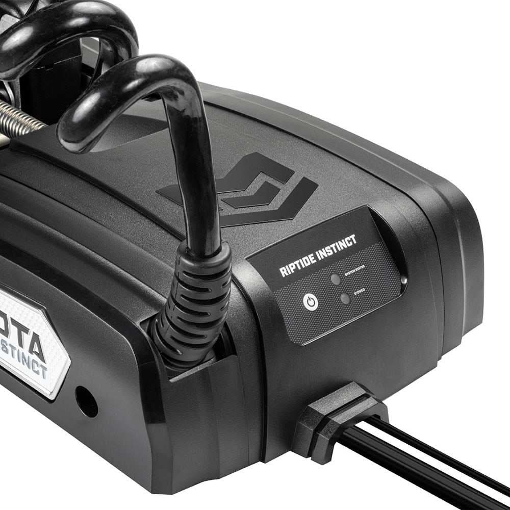 Close-up of Minn Kota Riptide Instinct QUEST 90/115 trolling motor black control unit with power cables