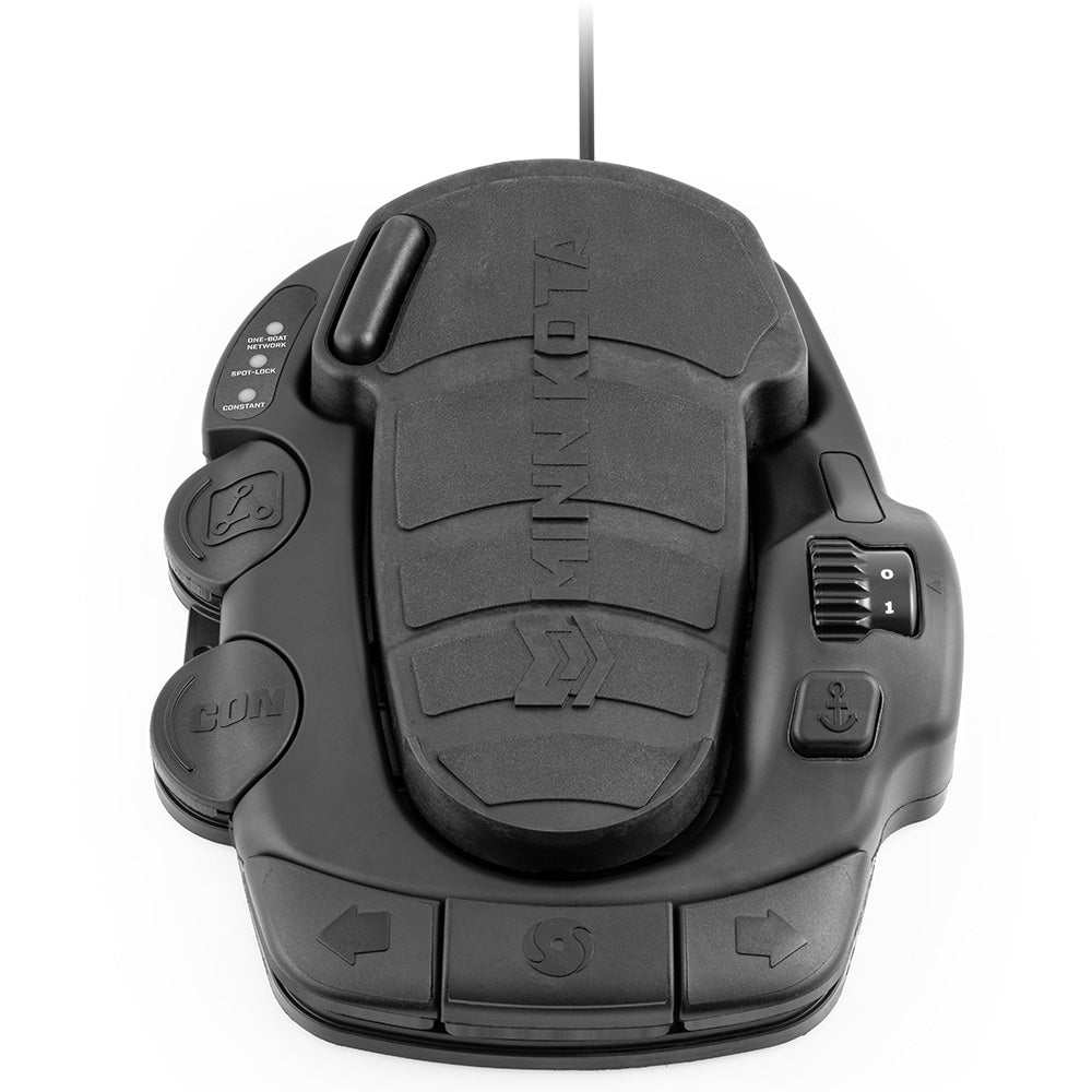 Minn Kota Terrova corded foot pedal with steering buttons, speed control dial, and waterproof design.