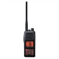 Standard Horizon HX400 handheld VHF radio with built-in voice scrambler, programmable LMR channels, waterproof design, and noise-canceling microphone
