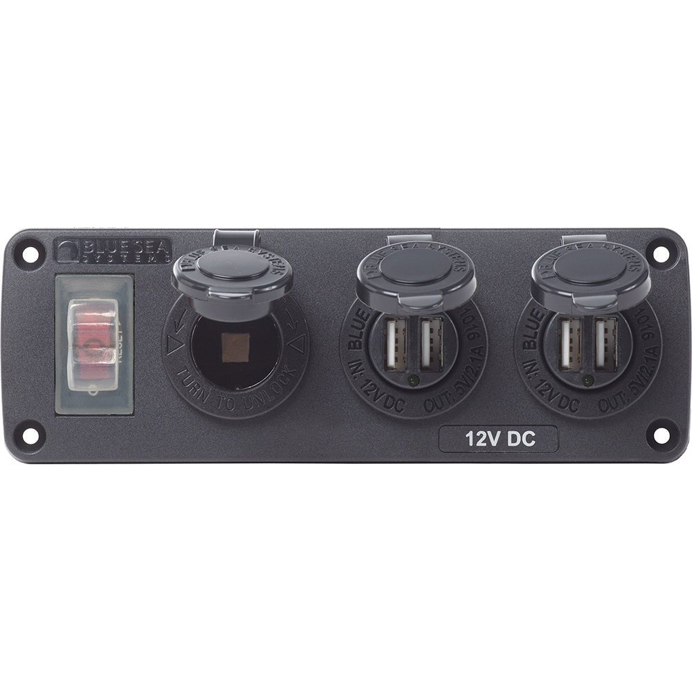 Blue Sea 4365 Water Resistant USB Accessory Panel - 15A Circuit Breaker, 12V Socket, 2x 2.1A Dual USB Chargers - 4365 - Anchor Express