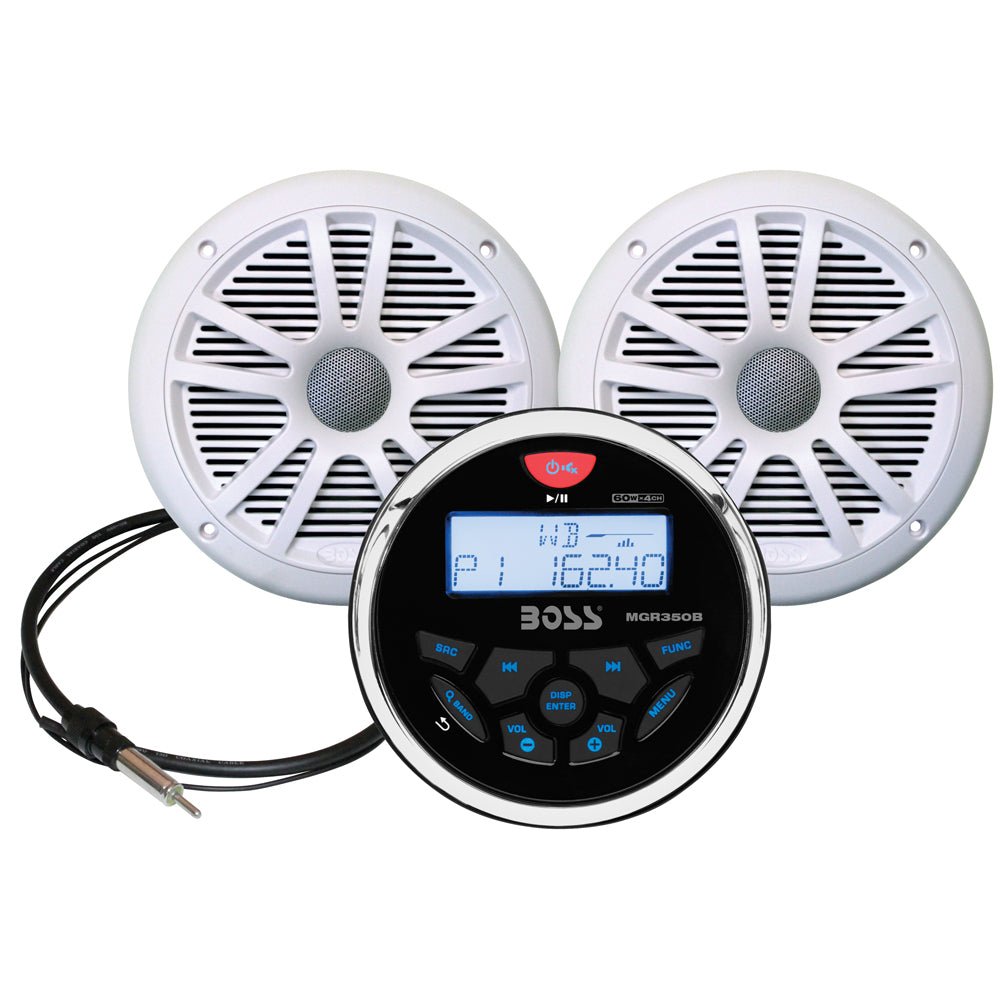 Boss Audio MCKGB350W.6 Combo - Marine Gauge Radio w/Marine Antenna & 2 6.5" Speakers - White - MCKGB350W.6 - Anchor Express