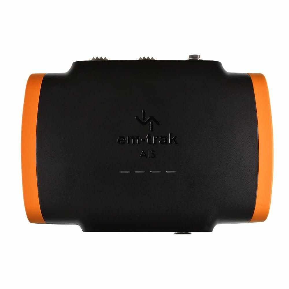 em-trak B953 Class B AIS Transceiver with 5W SOTDMA and integrated VHF antenna splitter in black and orange design
