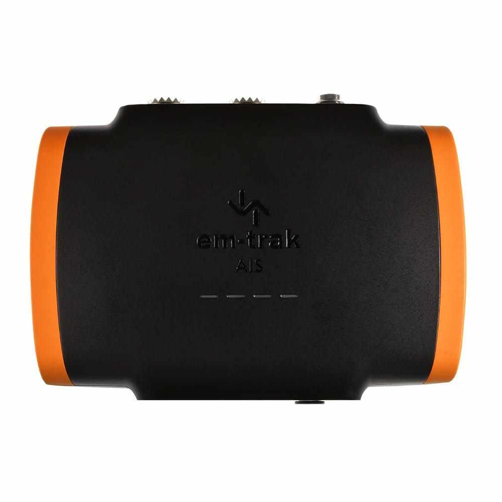 em-trak B954 Class B AIS Transceiver with 5W SOTDMA, WiFi, Bluetooth, and VHF antenna splitter in black and orange design