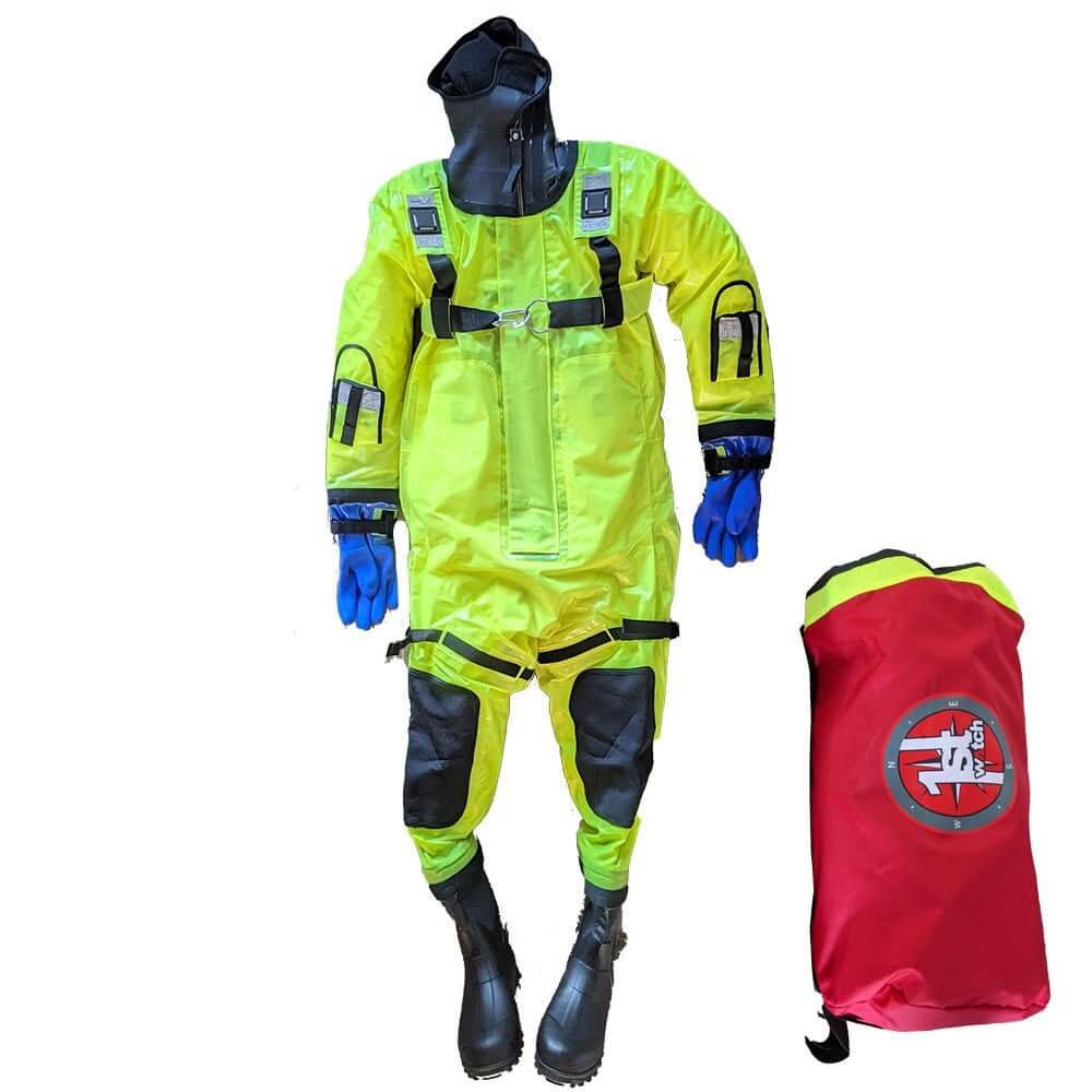 First Watch RS-1005 Hi-Vis Yellow Ice Rescue Suit S/M with boots and storage bag for cold-water protection
