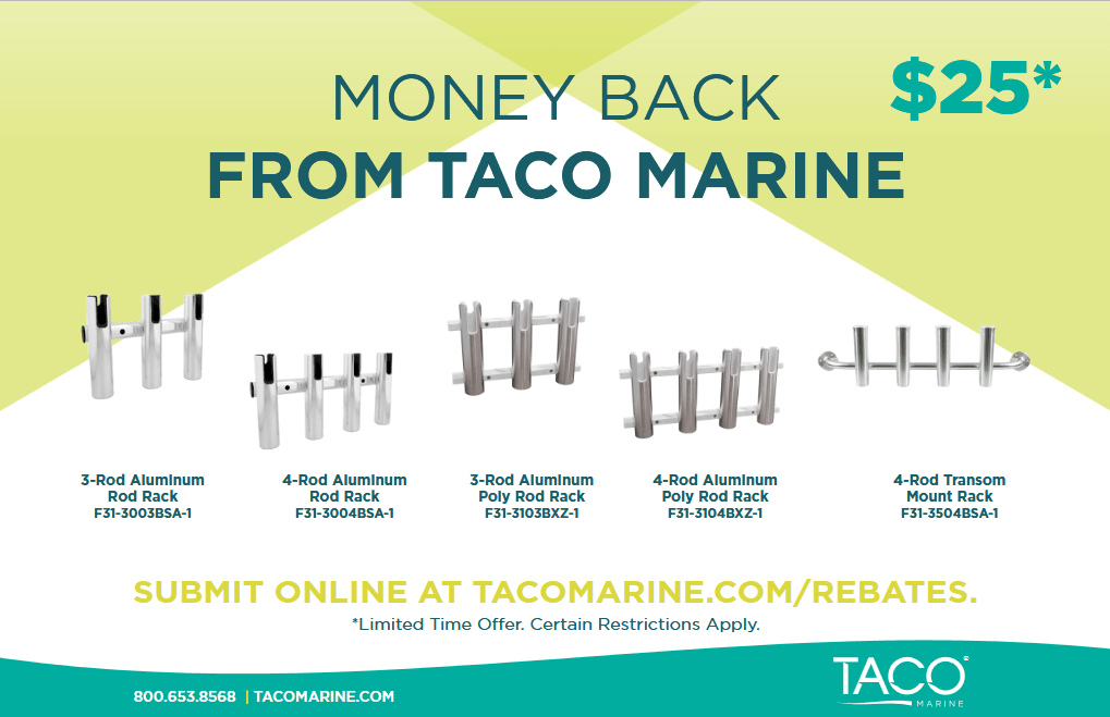Taco rod holders $25 rebate promotion banner with rod storage options