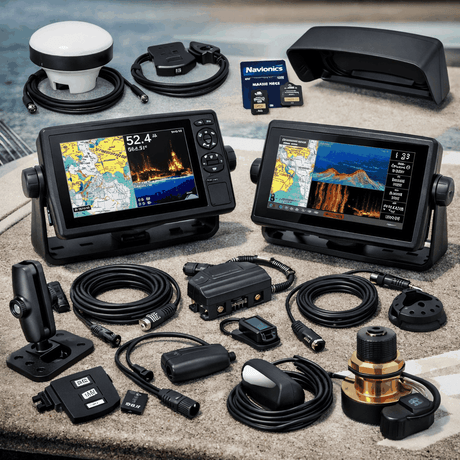 Marine-grade accessories for GPS chartplotter combo units including mounts, covers, cables, and connectors compatible with Garmin, Raymarine, SI-TEX, and Humminbird