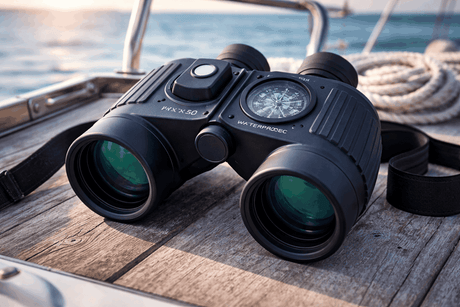 Waterproof and fog-proof binoculars with built-in compass and rubber-armored housing for marine navigation and outdoor use