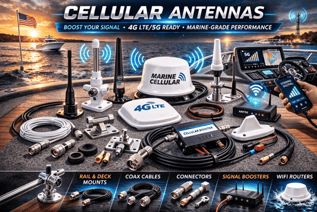 Marine cellular antennas mounted on a boat to enhance signal strength and connectivity in marine environments
