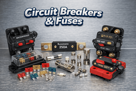 Marine-grade circuit breakers and fuses protecting boat electrical systems from overloads and faults