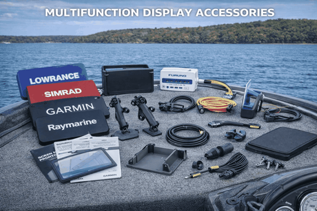 Multifunction display accessories including mounts, covers, cables, and protective gear for marine navigation systems.