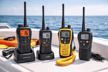 Compact handheld VHF marine radios with water-resistant design, NOAA weather alerts, GPS, and DSC for reliable maritime communication.