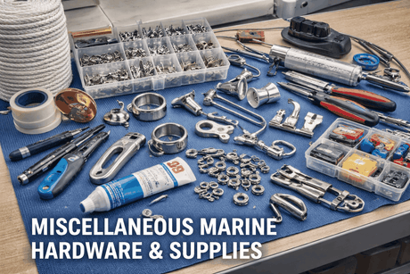 Miscellaneous marine hardware including fasteners, clamps, and fittings for boat maintenance and repair