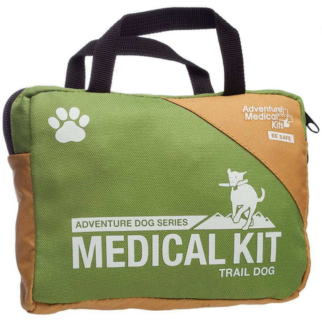 Miscellaneous outdoor medical kit for dogs in green and brown carrying pouch