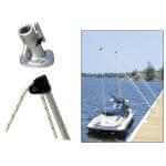 Mooring whips on boat dock system with fiberglass poles and mounting hardware for secure vessel positioning and dock protection