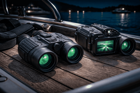Night vision cameras and binoculars with infrared imaging for marine navigation and wildlife observation