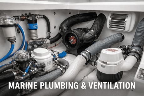 Marine plumbing and ventilation system components installed on a boat for efficient water flow and airflow management